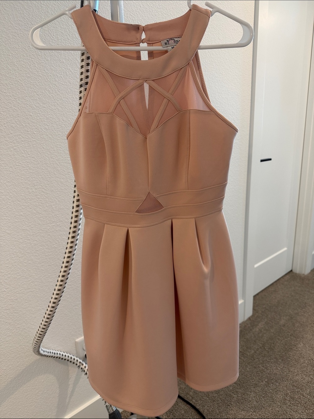 Sweet Storm Peach Sleeveless Mesh-Detail Fit & Flare Dress